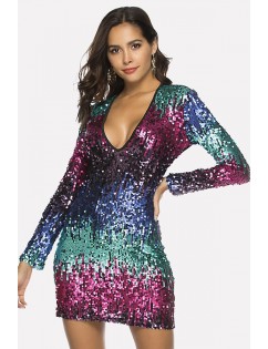 Multi Color Block Splicing Plunging Long Sleeve Sexy Sequin Dress