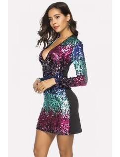 Multi Color Block Splicing Plunging Long Sleeve Sexy Sequin Dress