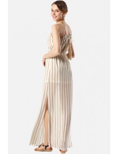 Light-pink Stripe Sleeveless Slit Side Casual Maxi Chiffon Dress