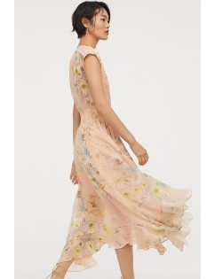 Light-pink Floral Print Shirred Sleeveless Casual Chiffon Dress