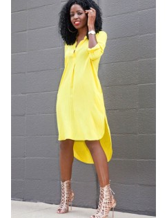 Yellow V Neck Long Sleeve High Low Dress