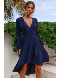 Solid V Neck Wrap Tied Long Sleeve Casual High Low Dress