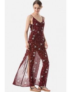 Dark-red Floral Print Spaghetti Straps Slit Side V Back Sexy Maxi Dress