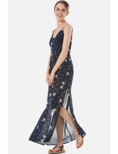 Dark-blue Floral Print Spaghetti Straps Slit Side V Back Sexy Maxi Dress