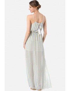 Light-blue Stripe Sleeveless Slit Side Casual Maxi Chiffon Dress