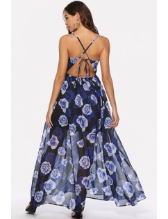 Dark-blue Floral Print V Neck Crisscross Sexy Chiffon Maxi Dress