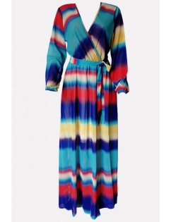 Blue Striped Surplice Wrap Long Sleeve Chiffon Casual Maxi Dress