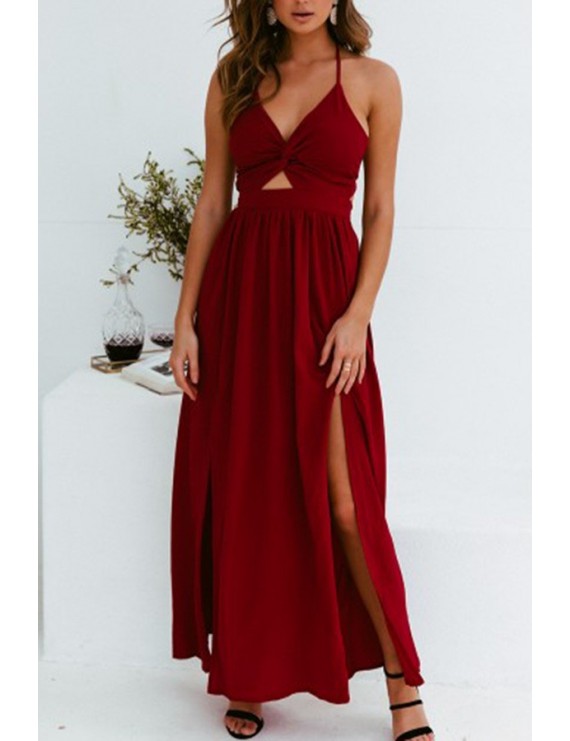 Dark-red Halter Cutout Slit Hem Sexy Maxi Chiffon Dress