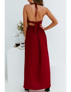 Dark-red Halter Cutout Slit Hem Sexy Maxi Chiffon Dress