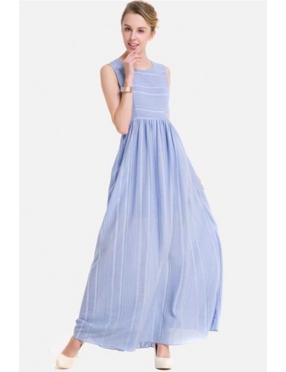 Light-blue Stripe Sleeveless Casual Maxi Chiffon Dress