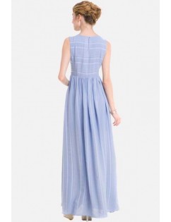 Light-blue Stripe Sleeveless Casual Maxi Chiffon Dress