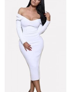 Off Shoulder Long Sleeve Ribbed Sexy Maxi Bodycon Sweater Dress