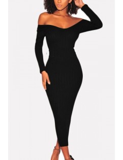 Off Shoulder Long Sleeve Ribbed Sexy Maxi Bodycon Sweater Dress