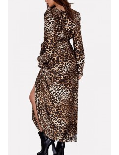 Leopard V Neck Wrap Long Sleeve Slit Casual Dress
