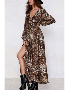 Leopard V Neck Wrap Long Sleeve Slit Casual Dress