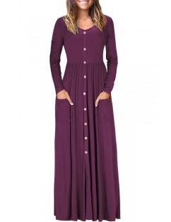 Dark Red V Neck Button Up Long Sleeve Pocket Casual Maxi Dress