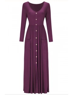 Dark Red V Neck Button Up Long Sleeve Pocket Casual Maxi Dress
