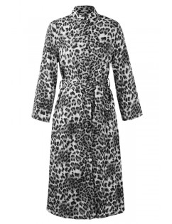 Black-leopard Long Sleeve Lapel Button Sexy Maxi Shirt Dress