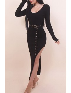 Black Long Sleeve Scoop Neck Slit Eyelet Belt Sexy Bodycon Maxi Dress