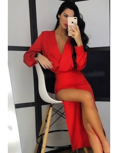 Red High Slit Surplice Long Sleeve Sexy Maxi Dress