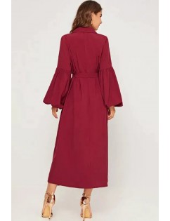 Dark-red Belt Tied V Neck Puff Sleeve Chic Maxi Dress