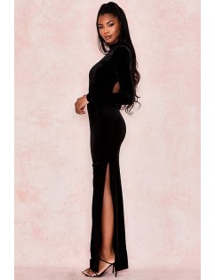 Black Slit Backless Long Sleeve Sexy Maxi Dress