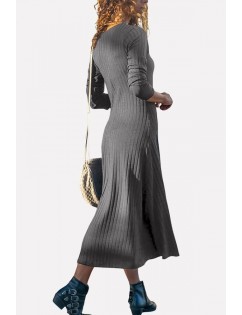 Gray V Neck Button Up Long Sleeve Casual Maxi Sweater Dress