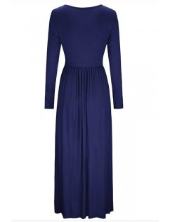 Dark-blue V Neck Button Up Long Sleeve Pocket Casual Maxi Dress