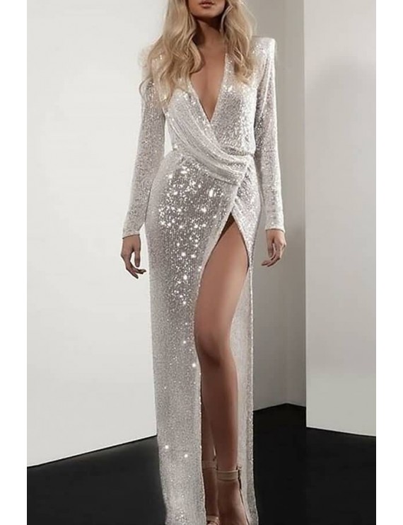 Silver Sequin Plunging High Slit Long Sleeve Sexy Maxi Dress