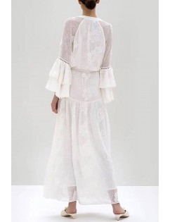 White Floral Embroidery Tassels Flare Sleeve Casual Maxi Dress