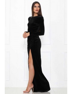 Black Velour Ruched Hight Slit Long Sleeve Backless Sexy Maxi Dress