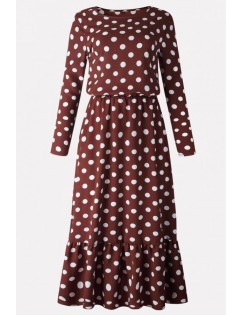 Coffee Polka Dot Round Neck Long Sleeve Casual Maxi Dress