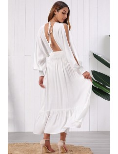 White Plunging Shirred Ruffles Hem Slit Sleeve Sexy Maxi Dress