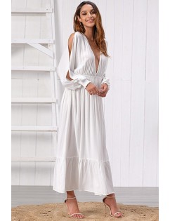 White Plunging Shirred Ruffles Hem Slit Sleeve Sexy Maxi Dress