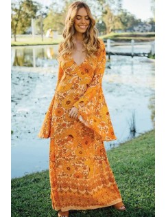 Yellow Floral Print V Neck Flare Sleeve Casual Maxi Dress