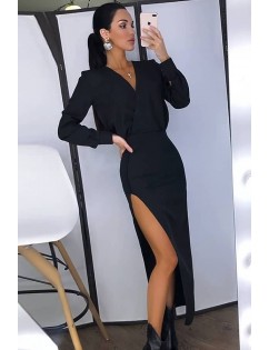 Black High Slit Surplice Long Sleeve Sexy Maxi Dress