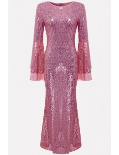 Pink Sequin Flare Sleeve Sexy Bodycon Maxi Dress