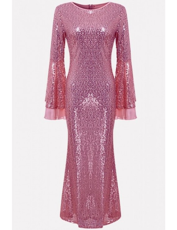 Pink Sequin Flare Sleeve Sexy Bodycon Maxi Dress