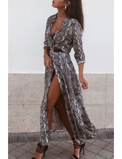 Gray Snakeskin Lapel Button Up Long Sleeve Sexy Maxi Dress