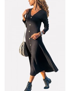 Black V Neck Button Up Long Sleeve Casual Maxi Sweater Dress