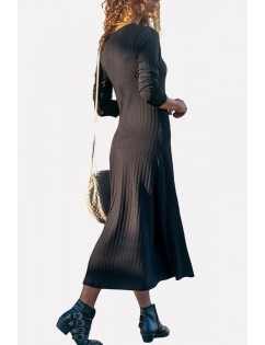 Black V Neck Button Up Long Sleeve Casual Maxi Sweater Dress