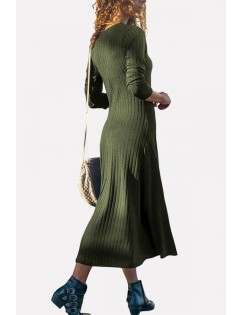 Army-green V Neck Button Up Long Sleeve Casual Maxi Sweater Dress