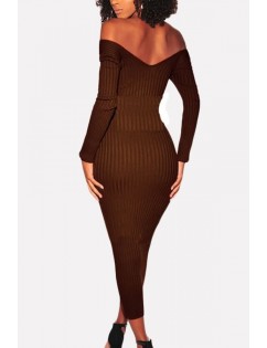 Coffee Off Shoulder Long Sleeve Ribbed Sexy Maxi Bodycon Sweater Dress