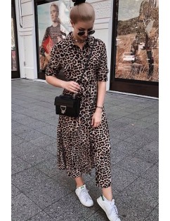Brown-leopard Long Sleeve Lapel Button Sexy Maxi Shirt Dress