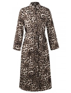 Brown-leopard Long Sleeve Lapel Button Sexy Maxi Shirt Dress