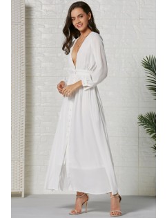 White Button Up Plunging Long Sleeve Chic Maxi Dress