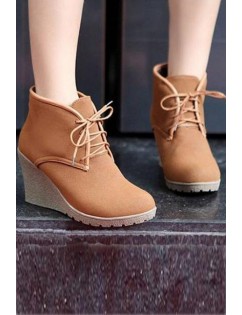 Faux Leather Lace Up Wedge Booties