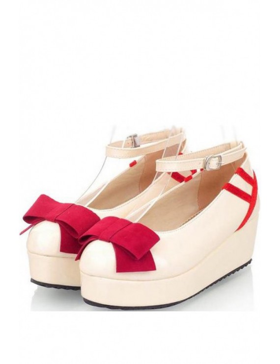 Faux Leather Top Bow Buckle Strap Closure Wedges