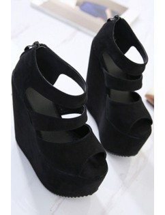 Black Peep Toe Faux Leather Zipper Platform Wedge Sandals