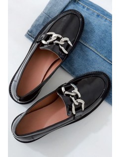 Black Leather Chain Detail Slip On Loafers